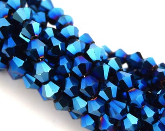 Faceted crystal glass blue metal bicone 4mm PFO2016A6 110 beads