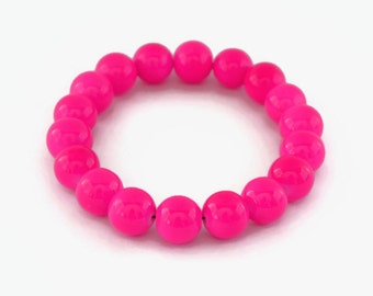 Neon Pink Pearl Stretch Bracelet, Fun Funky Bright Summer Bracelet, Faux Pearl Bracelet