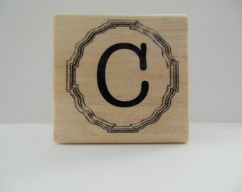 Letter C Rubber Stamp - Gingham Wildflower Collection - Wood Mounted Rubber Stamp - Alphabet Letter C Stamp