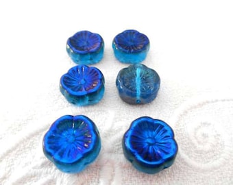 x 6 beads Hawaii flower blue Czech Bohemian glass.