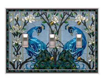 0299A - Stained Glass Blue Peacock (not actual glass) - mrs butler switch plate covers -