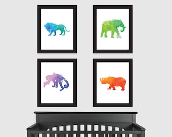 Printable Art Set, Watercolor Print Nursery, Watercolor Printable, Printable Artwork, Lion Print, Rhino Print, Monkey Print, Elephant Print