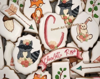 Boho Woodland Shower/Birthday Decorated Shortbread Cookies, 1 Dozen (12)