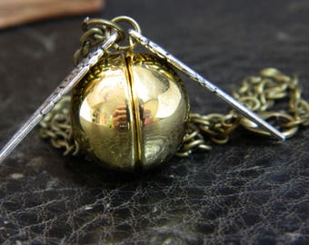Golden Brass Ball Locket Necklace. Magical.Wizard.Golden Ball Wings Locket.Gift.Secret Message.Snitch Necklace