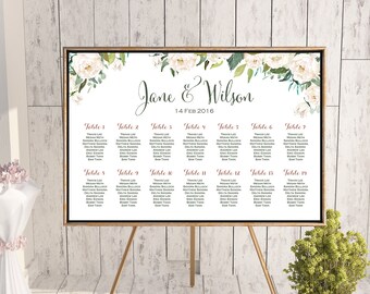 Wedding Seating Chart, White Ivory Flower Printable Custom Wedding Seating Poster, Wedding Chart Sign, Wedding Seating Board - TH61 dd WC141
