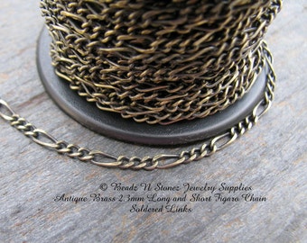 5 Feet - Quality Antique Brass 2.3mm Long Short Figaro Bulk Chain