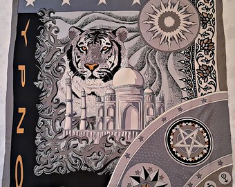 Vintage Authentic Otto Kern YPNO Logo Astrology Taj Mahal Gray Silk 40"Square Scarf