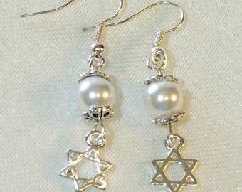Star of David Earrings - White Glass Pearl