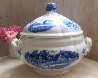 french Tureen / / Sarreguemines / / Blue Transferware a / / antique tureen / / Ironstone / / french Transferware / / ROMANTIC model
