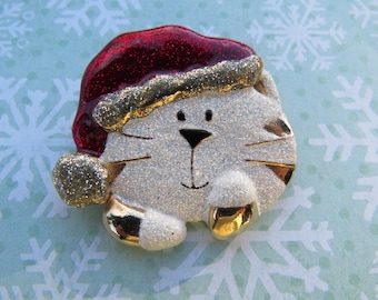 Estate DaneCraft Christmas Cat with Santa Hat Brooch Pin Rare