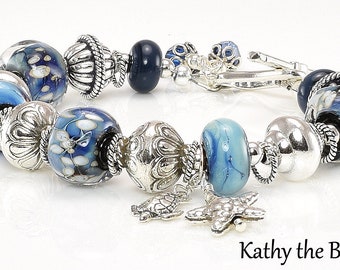 Lampwork Bracelet - Lampwork Blue Karen Hill Tribe Silver Bead Bracelet - KTBL