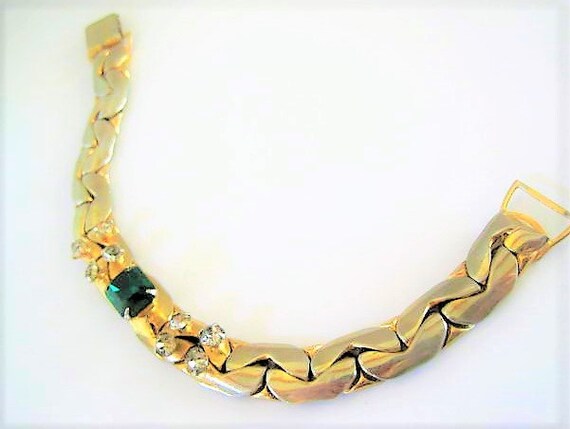 Emerald Green Bracelet, Rhinestone Center, Gold Links, Fold Over Clasp