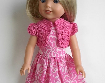 14" Doll Clothes Sleeveless Cotton Dress with Pink Flowers and Crocheted Pink Bolero Handmade to fit 14.5" Wellie Wishers and Other Dolls
