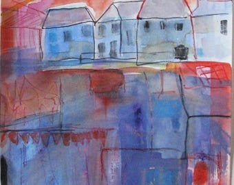 Row of houses, watercolor on paper, original art