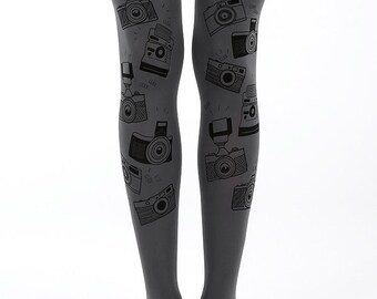 Camera tights, grey printed tights, pantyhose for photography lovers