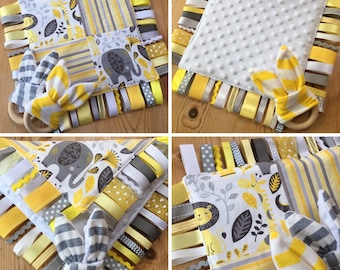 Baby Elephant Giraffe Ribbon Tag Blanket Girl Boy Neutral Yellow Grey Stripe Safari Jungle Teether Teething Ring Taggy Taggie Shower