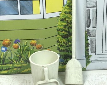 MARX BROOM w/Dust Pan and Trash Can, 3/4" Scale, Hard Plastic, 1950, Marxie Mansion, Vintage Tin Dollhouse Accessory