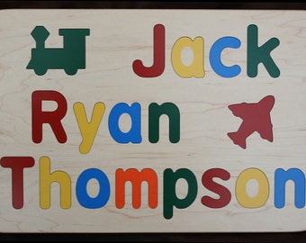 Wooden Name Puzzle for Three Names - Custom Personalized - Birthday Gift - Raised Wood Letters - Educational Toy - 3 Names Puzzle