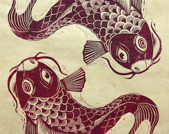 Koi Fish Linoleum Block Print