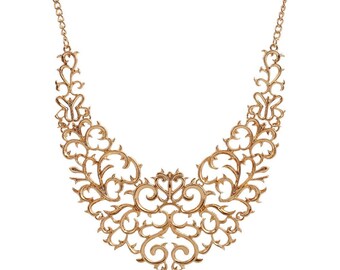 Gold Vintage Style Filigree Hollow Bib Statement Necklace Choker with Lobster Clasp Closure