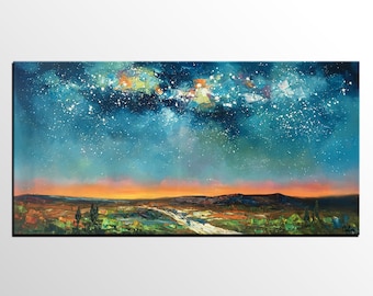 Abstract Landscape Art, Starry Night Sky Painting, Large Painting, Canvas Oil Painting, Canvas Wall Art, Original Art Painting, Impasto Art