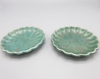 Pair of Gustavsberg Argenta Small Plates, Candy Trinkets, Green with Silver Overlay Design Scalloped Edge Art Deco Elegant