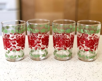 Vintage Juice Glasses, Red Rose Flower Juice Glass, Drinking Glasses, 1940s Breakfast Table, 1950s Orange Juice Cup, 1960s Tableware