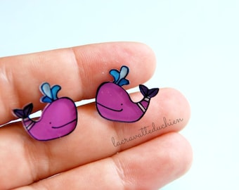 Purple whales stud earrings, purple whales, illustrated jewelry