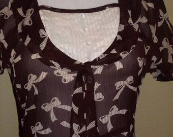 Bettie Page Retro 30s Brown Dress Sheer Swiss Dot Bow Print Short Sleeve Tie Collar M med Medium