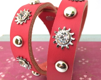 Hot Pink Leather Dog Collar with Rhinestone Industrial Flowers and Silver Studs, Size M, to fit a 14-17 Neck, Medium Dog, Seattle Handmade
