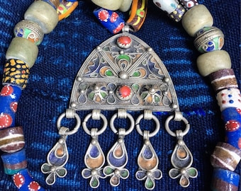 Moroccan Berber Necklace with Enamel, Coral Pendant and Dangles with Colorful Glassbeads