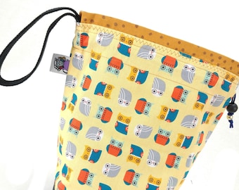 Small Knitting Project Bag Crochet Drawstring Tote WIP Bag - Owl Bring My Yarn
