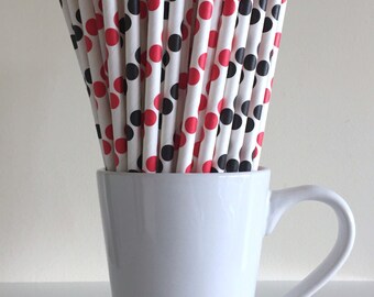 Red and Black Paper Straws Black and Red Polka Dot Party Supplies Ladybug Party Decor Pirate Theme Bar Cart Cake Pop Sticks Graduation