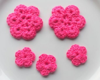 Dark Pink Crochet Flower Appliques x 5, Hot Pink Flower Appliques, Pink Crochet Flowers