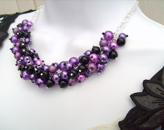 Reserved Purple and Black Beaded Necklace, Purple Bridesmaid Jewelry, Cluster Necklace, Chunky Necklace, Bridesmaid Gift, Bridesmaid
