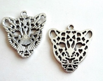 Set of 3 cat - Leopard head - silver plated charms