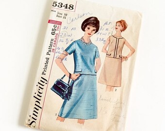 Shop SALE Vintage 1960s Womens Size 10 Two Piece Dress Simplicity #5348 Sewing Pattern Complete bust 31 waist 24" A-line Skirt Short or Slee