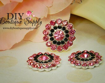 Rhinestone button Flatback PINK & BLACK- Flat Back Metal Embellishment - Baby Headband Supplies flower centers - 5 pcs 21mm 109044