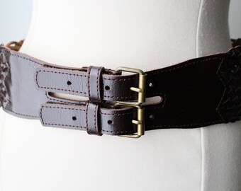 VINTAGE Genuine Leather Brown Braided Wide Double Buckle Belt Size L