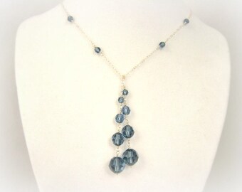 Crystal Lariat Necklace Blue Crystal Lariat Wire Wrapped Sterling Silver Swarovski Crystal Jewelry Blue Crystal Necklace Gift Idea For Her