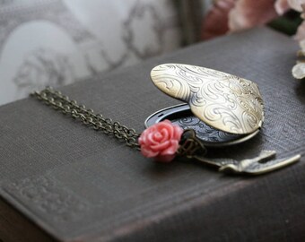 Heart Locket Necklace, Bird Locket, Flower Necklace, Long Necklace, Large Heart Locket - Dare to Dream