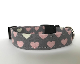 Heart Dog Collar, Gray and Pink Collar, Cute Dog Collar, Adjustable Dog Collar, Custom dog collar, Girl Dog Collar, Dog Collar