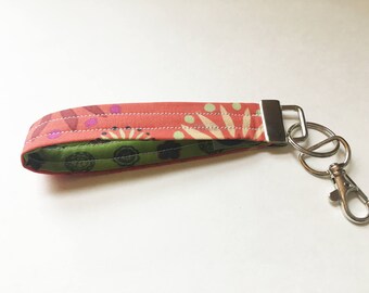 Peachy Floral with Green Floral Liner Key Wristlet / Key Fob - Swivel Lobster Clasp