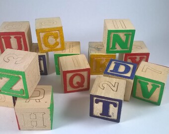 Wood Letter Blocks - Spelling Cubes - 15 - Children's Toy - 1970's Retro Play