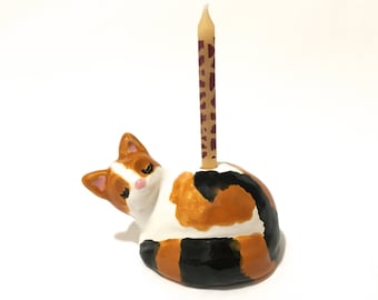 Cat Cake Topper, Cat with Candle Cake Topper Keepsake, Child's Birthday Decor, Calico Cat Sculpture, Sleeping Cat