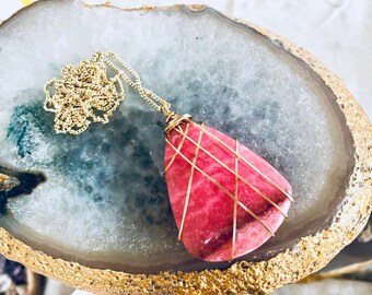 Argentine Rhodochrosite Pendant, Rhodochrosite Necklace, Rhodochrosite Jewelry, Pink Pendant, Healing Energy Wire Wrapped Gemstone