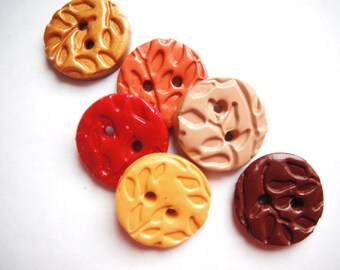 Button Textured Leaves handmade polymer clay buttons ( 6 )