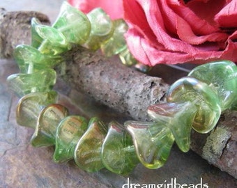 Chrysolite Celsian 3 Petal Czech Glass Flowers, 12 pc, Green, Three Petal, Czech Glass Beads