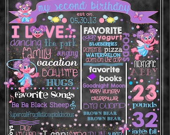 Abby Cadabby Birthday Stat "Chalkboard"(digital poster) WITH or WITHOUT Elmo (2 Photos)