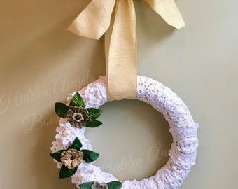 Crocheted Doilies Wreath, Shabby Chic Wreath, Housewarming Gift